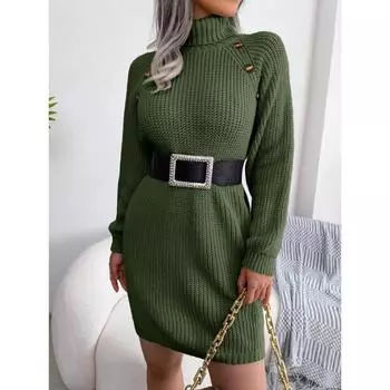 Autumn And Winter New Casual Button High Neck Long Sleeved Solid Color Sweater Dress (Excluding Belt) S розовый