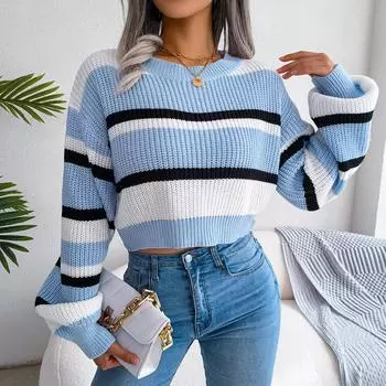 Autumn And Winter New Casual Striped Long Sleeved Open Navel Knitted Round Neck Pullover Sweater For Women S синий