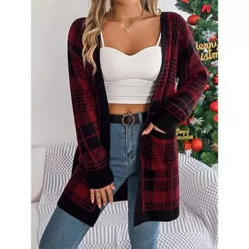 Autumn And Winter New Christmas Casual Contrasting Plaid Pocket Long Sleeved Cardigan Sweater Jacket For Women S зелёный