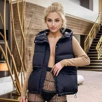 Autumn and winter new cotton vest women s short fashion Korean version hooded vest 2024 versatile vest jacket M хаки