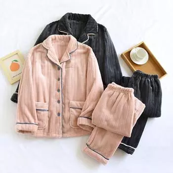 Осенне-зимняя новая парная пижама с длинными рукавами, брюки из двух частей, фланелевый утолщенный теплый коралловый флисовый домашний костюм M