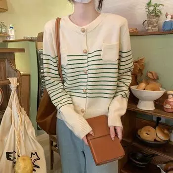 Autumn and winter new crew neck striped knitted sweater women s cardigan loose short pocket sweater jacket top women average size