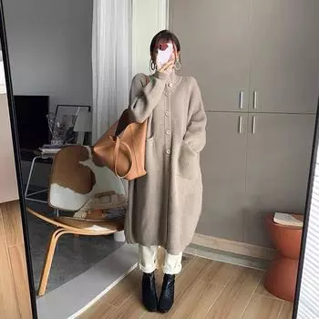 Autumn and winter new design sense thickened versatile loose temperament lazy coat long sweater cardigan women one size fits all серый