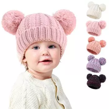 Autumn and winter new double ball children s knitted pullover hat, European and American spot solid color warm baby wool hat розовый