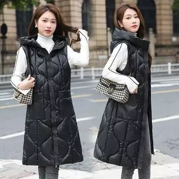 Autumn and winter new down cotton vest women s loose glossy vest medium and long coat tide M 90-60 kg чёрный