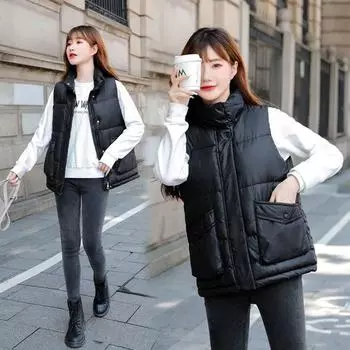 Осень и зима новый пуховый хлопковый жилет женский толстый мм100кг глянцевый короткий корейская версия хлопковый жилет жилет жилет куртка M recommends 80-50kg чёрный