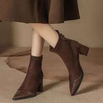 Autumn and winter new elastic thin boots thick heel suede splicing short boots medium tube women s black thin low tube boots pointed 35 чёрный