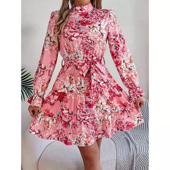 Autumn And Winter New Elegant Stand Up Collar Flower Print Waist Cinching Long Sleeved Ruffle A-Line Dress S розовый