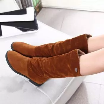 Autumn and winter new European and American fashion sleeve medium boots foreign trade large size flat heel women s boots low heel velvet knight boots 35 красный