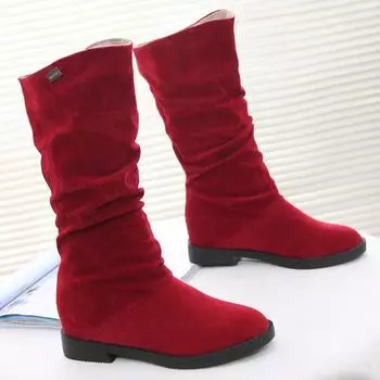 Autumn and winter new European and American fashion matte medium boots women s boots low heel velvet knight boots women s large size 35 красный