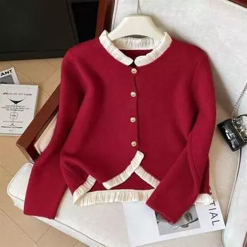Autumn and winter new fashion fungus edge knitted cardigan round neck commuter versatile top women S/75-89 красный