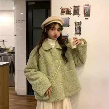 Autumn and winter new fashion imitation lamb wool coat thickened warm cute age-reducing student velvet loose casual coat S