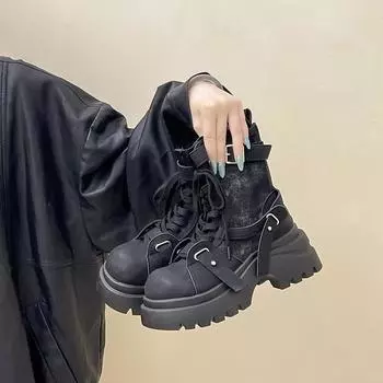 Autumn and winter new fashionable women s Martin boots splicing cloth platform muffin short boots strap versatile locomotive boots 35