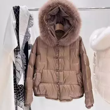 Autumn and Winter New Fox Hair Big Fur Collar Hooded Down Jacket Women s Short Mink Hair Chinese Style Buckle Jacket M