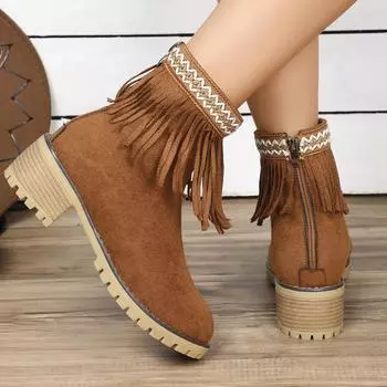Autumn and winter new fringed boots women s fashion thick heel round head short boots matte suede round head short boots women 36 светло-коричневого