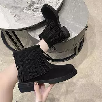 Autumn and winter new fringed short boots foreign trade large size low heel Martin boots autumn and winter new soft sole lightweight zipper short boot 35 чёрный
