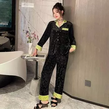 Осень и зима Новая золотая бархатная пижама женская высококачественная с длинным рукавом легкая роскошная домашняя одежда костюм можно носить на улице M чёрный