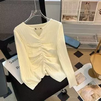 Autumn and winter new irregular pleated slim-fitting and thin knitted bottoming shirt for women with small pleated top XXS/within 35kg