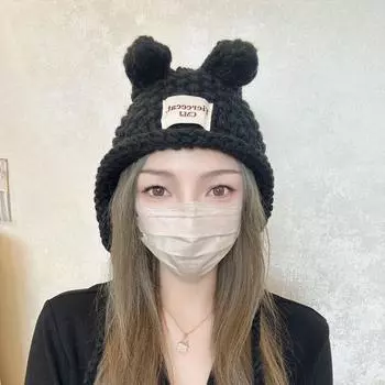 Autumn and winter new knitted hat thermal ear protection hat trendy Korean cute handmade rabbit ears wool hat women M56-58cm красный