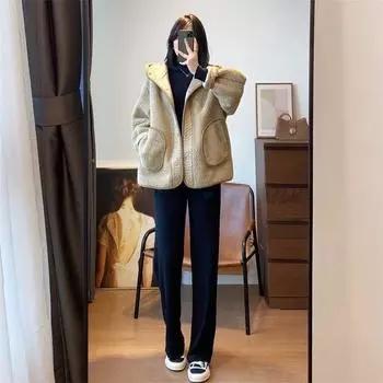 Autumn and Winter New Lamb Wool Piled Thickened Hooded Jacket Women s Korean Version Versatile S