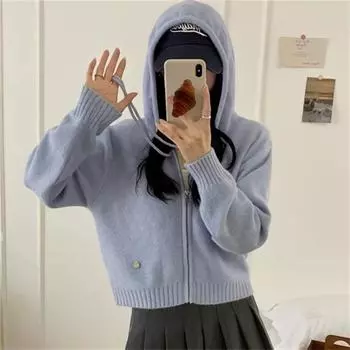 Autumn and winter new lazy wind loose casual thick sweater jacket double zipper hooded knitted cardigan women One size