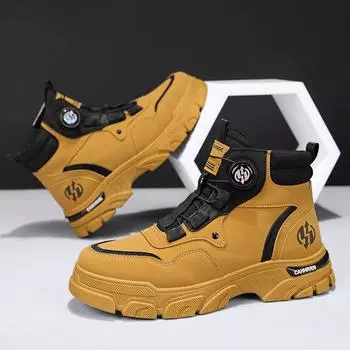 Autumn and winter new leather high-top Martin boots fashionable rotating button foot cover men s outdoor sports big yellow boots men s boots 39