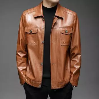 Осень и зима новая кожаная куртка мужская тонкая с короткими лацканами кожаная куртка плюс бархатная куртка из искусственной кожи для молодых мужчин M