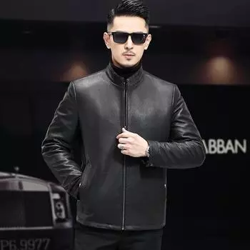 Осень и зима Новая кожаная куртка мужская куртка из козьей кожи первого слоя со съемной подкладкой Кожаная куртка среднего возраста с воротником-стойкой L