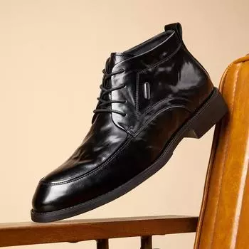 Autumn and winter new leather Martin boots men s mid-top men s shoes fleece boots British style business casual dress leather shoes 38