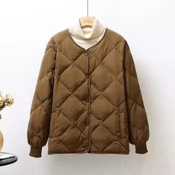 Autumn and winter new light and thin down jackets women s short white duck down liners wear collarless rhombus jackets S