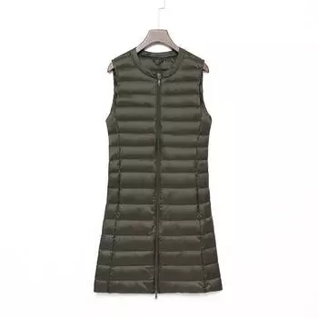 Осень и зима новый легкий пуховый жилет с круглым вырезом женский жилет средней и длинной длины пуховый жилет куртка на молнии M 52.5 kg or less хаки
