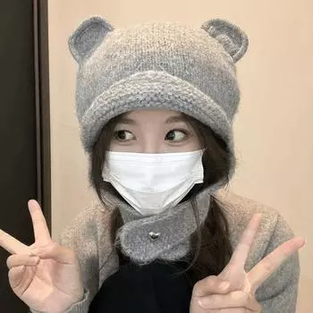 Autumn and winter new little monster hat cute cartoon knitted hat bear ears warm ear protection versatile Lei Feng hat children M56-58cm светло-серый