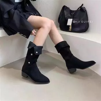 Autumn and winter new medium boots versatile black suede two wear Martin boots pointed thick heel low heel British retro boots 35