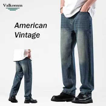 Осень и зима Новые мужские американские джинсы High Street Модные и красивые свободные прямые джинсы-трубы с потертостями 28