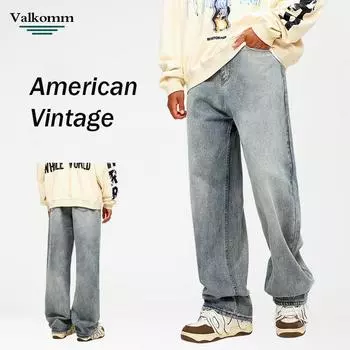 Autumn And Winter New Men S Denim Pants American Retro Washed Denim Pants Straight Tube Loose Wide Leg Denim Pants S джинсовый синий