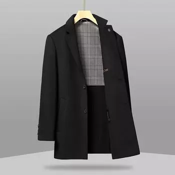 Autumn and Winter New Men s Double-sided Woolen Coat Medium and Long Suit Collar Business Casual Woolen Coat Men s Coat 170 чёрный