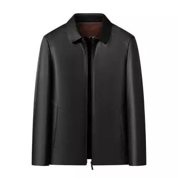 Autumn and Winter New Men s Leather Jacket Middle-aged Dad Wear Business Casual Simple Lapel Short Leather Jacket M чёрный