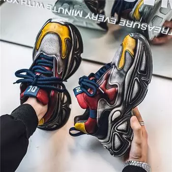 Autumn and winter new men s retro trend color matching dad shoes leather surface thick sole heightening sports casual jogging shoes men s shoes 39