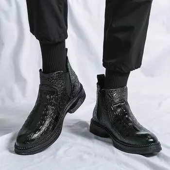 Autumn and winter new men s round head crocodile pattern casual fashion high-top pointed head foot cover young simple men s leather boots 38