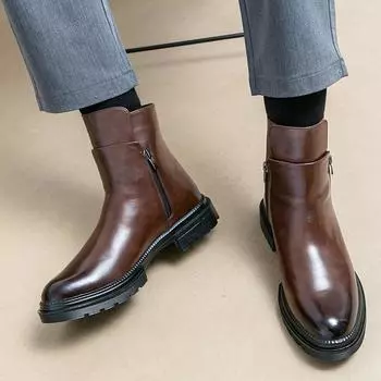 Autumn and winter new men s side zipper Korean version of casual fashion trend short boots thick-soled high-top youth leather boots 38
