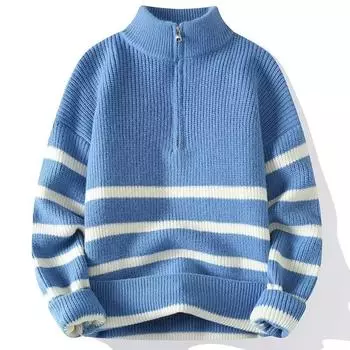 Autumn And Winter New Men S Thick Half Zipper Stand Up Collar Striped Sweater Knitted Sweater Knitted Coat M чёрный