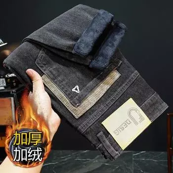 Autumn And Winter New Men S Velvet Thickened High-End Embroidery Fashionable Slim Fit High Elasticity Denim Long Pants 28