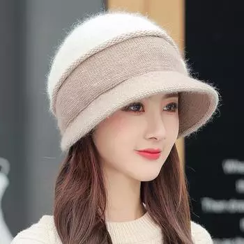 Autumn and winter new middle-aged and elderly knitted hat women s version color matching bow fleece ear protector basin hat casual mother hat M56-58cm