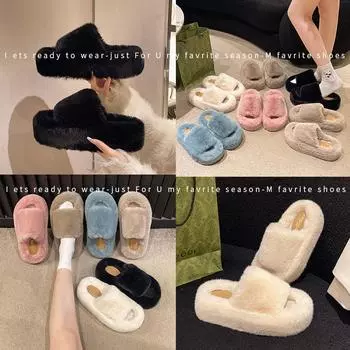 Autumn and winter new one-word wool slippers women s Korean version fashion 5 cm thick-soled horse hair shoes fashion home cotton slippers 35