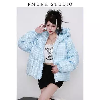 Autumn and winter new plaid printing bread down cotton-padded clothes women s lace hooded design cotton-padded jacket thickened warm jacket S recommends 85-47.5 kg