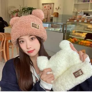 Autumn and winter new plush bear wool hat metal standard knitted plush thickened warm ear protection shows the face is cute one size fits all чёрный