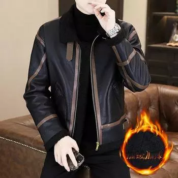 Autumn and Winter New PU Leather Jacket Youth Slim Locomotive Suit Fleece Jacket M