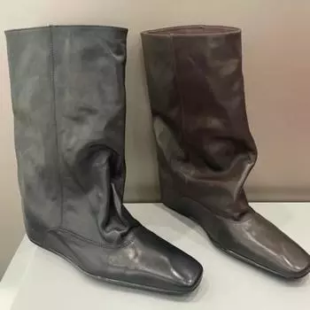 Autumn and winter new retro square head western medium boots women s inner height-increasing sleeve knight boots leather short boots 35