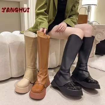 Autumn and Winter New Round Head Fashion Flanging Thick Soled Boots Fashion Personality Versatile Large Shoes Chaussure Femme 35 коричневый
