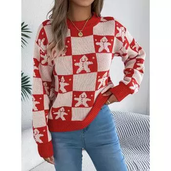 Autumn And Winter New Round Neck Christmas Snowman Pattern Checkered Contrasting Casual Long Sleeved Pullover Sweater For Women S красный